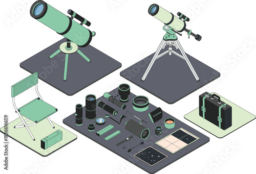 Isometric illustration of telescopes, astronomy tools, star charts, tripod mounts, eyepieces, accessories and observation equipment for stargazing and amateur astrophotography