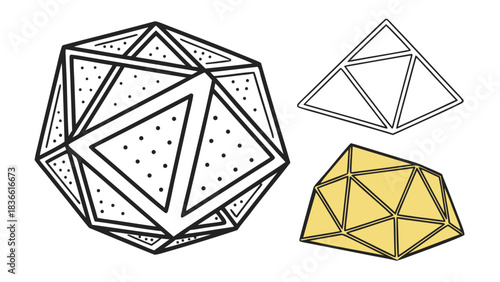 Vector illustration collection of geometric shapes including an icosahedron, a tetrahedron outline, and a yellow faceted polyhedron