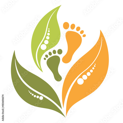 Vector illustration abstract logo design featuring two stylized green and orange leaves surrounding a pair of orange and green footprints