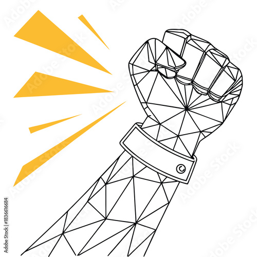 Vector illustration geometric low poly raised fist illustration with yellow energy lines, symbolizing power, protest, or digital strength