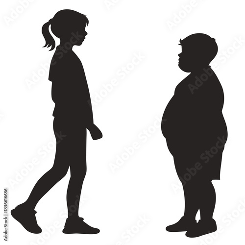 Vector illustration silhouette comparison of a slim girl walking past an overweight boy