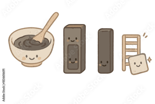 Cartoon drawing of a bowl of something with a spoon in it, a brick