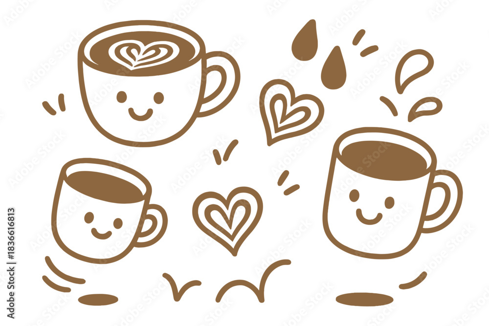 Obraz premium Cartoon drawing of three cups with hearts on them