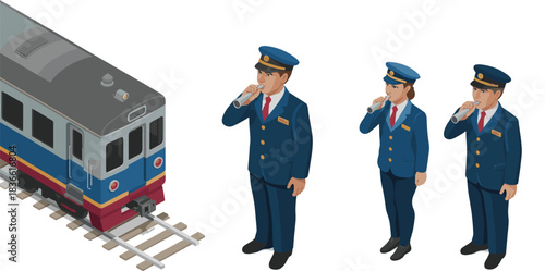 Isometric illustration of train conductors blowing whistles, railway staff teamwork, transportation safety concept, metro carriage, railroad workers, professional uniform figures
