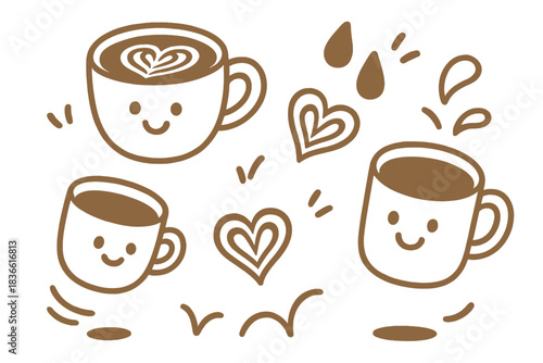 Cartoon drawing of three cups with hearts on them