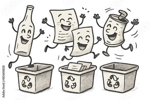 Cartoon of a bottle, a piece of paper, and a can jumping into a trash can
