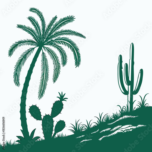 Vector illustration green silhouette illustration of a palm tree and various cactus plants growing on a grassy desert hill against a
