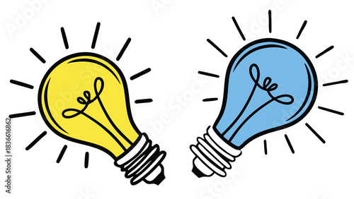 Vector illustration two bright light bulbs, one yellow and one blue, symbolizing idea generation and creativity