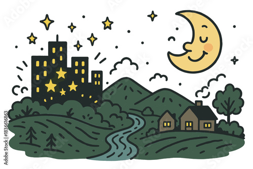 Cartoon drawing of a city with a large moon in the sky