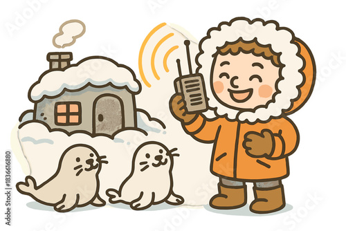 Cartoon of a boy holding a walkie talkie and standing in front of a house