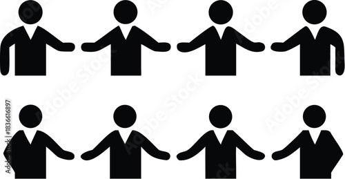 Vector illustration eight black silhouette icons of business people or team members with outstretched arms