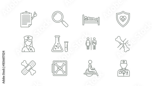 Healthcare medical doctor nurse patient hospital bone xray clinic bed shield magnifier icons vector design
