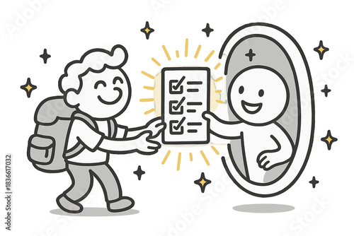 Man is handing a piece of paper to a man in a window