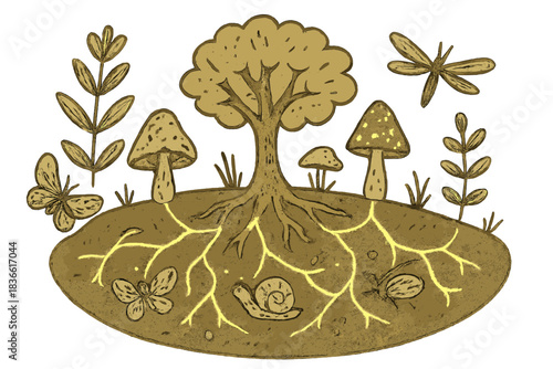 Drawing of a tree with mushrooms and a butterfly