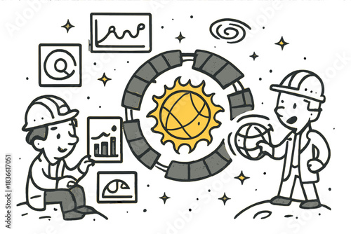 Two men are standing in front of a large globe, one of them holding a basketball