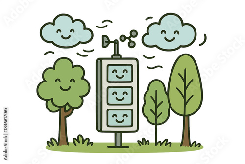 Cartoon drawing of a weather station with three smiling faces on it