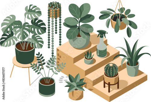 Isometric indoor plants collection with potted greenery, succulents, cactus, hanging planters, home decor illustration, modern botanical design for interior styling
