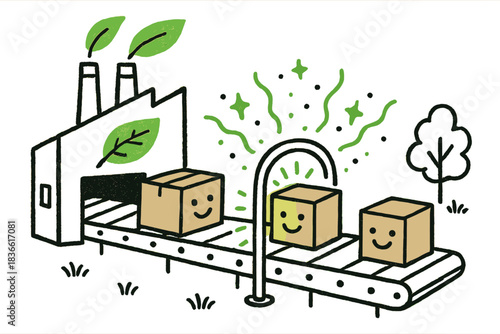 Cartoon drawing of a conveyor belt with three boxes on it