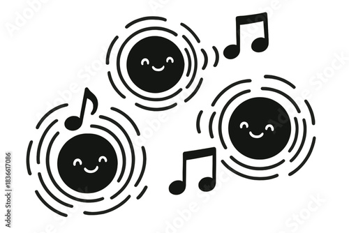 Three black circles with smiling faces and musical notes in the middle