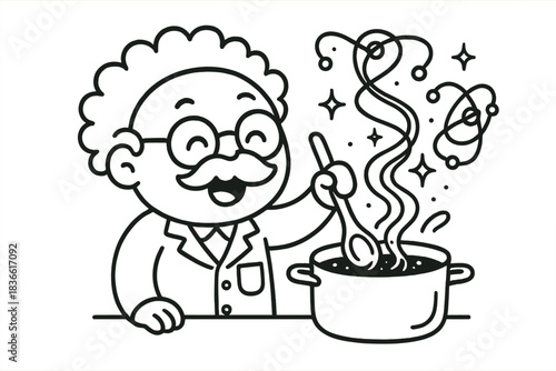 Man in a lab coat is stirring a pot of soup