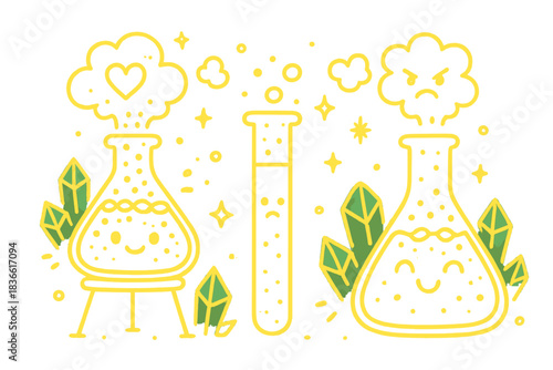 Three cartoonish beakers with a green leaf in the middle