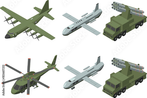 Isometric military aircraft and armored vehicles collection showing transport plane, drone, helicopter and rocket launcher truck in detailed 3D illustration