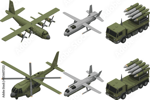 Isometric military aircraft and armored vehicles collection showing transport plane, drone, helicopter and rocket launcher truck in detailed 3D illustration