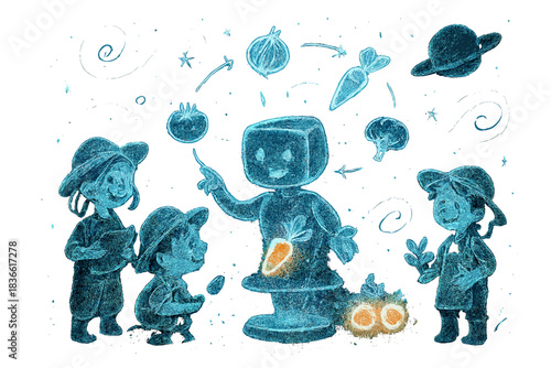 Cartoon drawing of a robot teaching children about vegetables