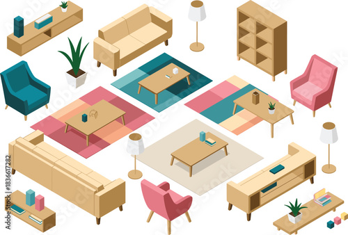 Isometric modern home furniture collection with sofas, chairs, tables, shelves, rugs, lighting and decor elements for interior design illustration, minimalist style