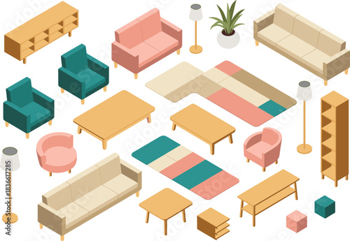 Isometric modern home furniture collection with sofas, chairs, tables, shelves, rugs, lighting and decor elements for interior design illustration, minimalist style