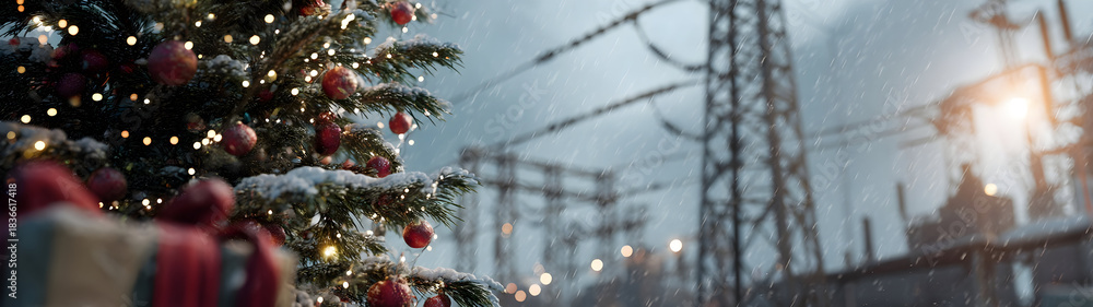 Obraz premium Christmas tree with gifts on snowy ground, electricity substation with poles, wires, insulators and sparks in background, concept of electricity provision and supply during Christmas time.