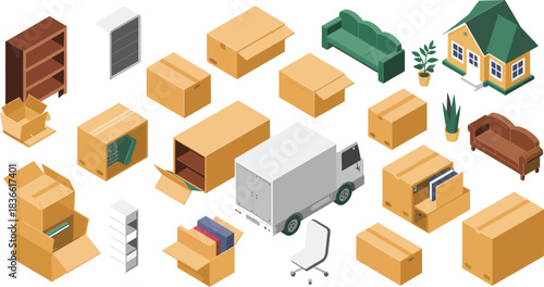 Isometric moving day illustration, packed boxes and furniture, delivery truck, home relocation concept, household items transport scene, logistic service artwork