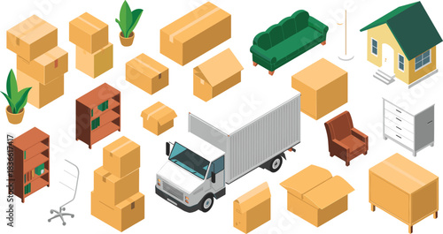 Isometric moving day illustration, packed boxes and furniture, delivery truck, home relocation concept, household items transport scene, logistic service artwork