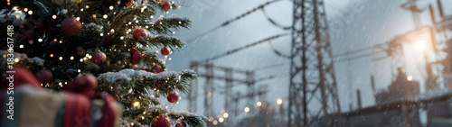 Christmas tree with gifts on snowy ground, electricity substation with poles, wires, insulators and sparks in background, concept of electricity provision and supply during Christmas time.