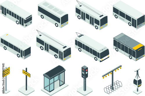 Isometric public transportation vehicles and city elements collection showing buses, trolleybuses, bus stop, traffic light, signage, cable car, modern urban transit design