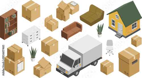 Isometric moving day illustration, packed boxes and furniture, delivery truck, home relocation concept, household items transport scene, logistic service artwork