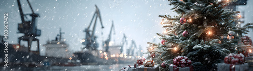 Christmas tree with gifts on snowy shipyard dock, cranes and ships in background, snowfall and sun.