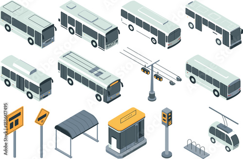 Isometric public transportation vehicles and city elements collection showing buses, trolleybuses, bus stop, traffic light, signage, cable car, modern urban transit design