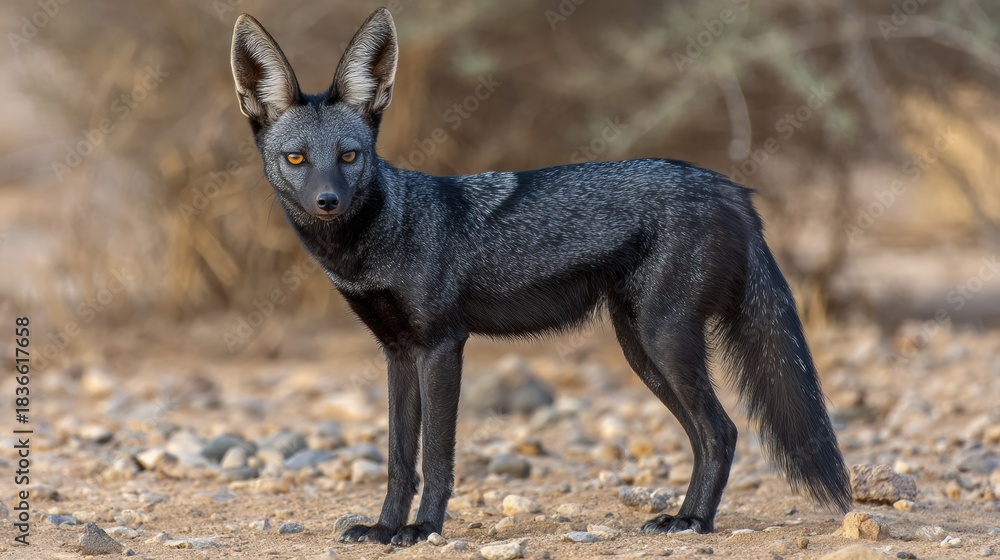 Naklejka premium Black Jackal at Twilight in the Desert, Representing Transition Spirit in Egyptian Spirituality