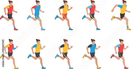 Isometric running athlete illustration set, colorful sports runner characters in motion, fitness training concept, jogging animation poses, active lifestyle graphics