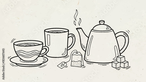 Artistic black and white sketch of a cozy tea time setup with a teapot, mug, and teabag