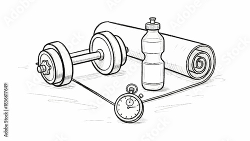 Illustration of fitness equipment including a dumbbell, yoga mat, water bottle, and stopwatch, symbolizing health and exercise routines