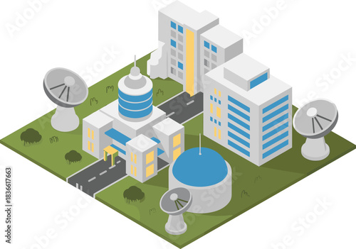 Isometric satellite communication center, modern research facility, radar antennas, futuristic technology hub, data transmission station, space science infrastructure illustration