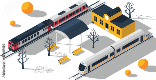 Isometric train station illustration with multiple trains, modern platforms, winter trees, yellow building, railway transport scene, urban transit, 3D vector design