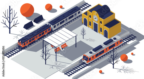 Isometric train station illustration with multiple trains, modern platforms, winter trees, yellow building, railway transport scene, urban transit, 3D vector design