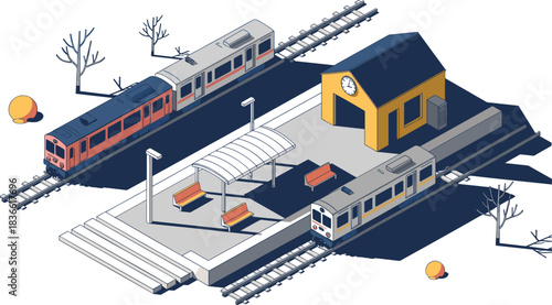 Isometric train station illustration with multiple trains, modern platforms, winter trees, yellow building, railway transport scene, urban transit, 3D vector design