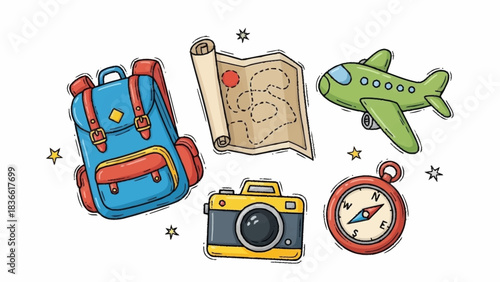 Cartoon Adventure Backpack, Map, Camera, Plane, Compass on White