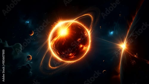 a giant planet that looks like a star or sun shining with a dazzling orange-red intensity