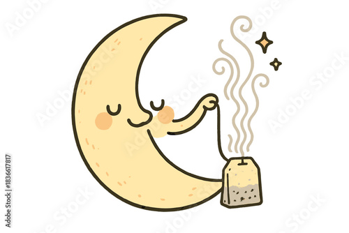 Cartoon of a smiling moon holding a tea bag