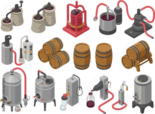 Isometric winemaking equipment illustration set featuring fermentation tanks, barrels, grape presses, bottling machines, conveyors, and wine production process elements